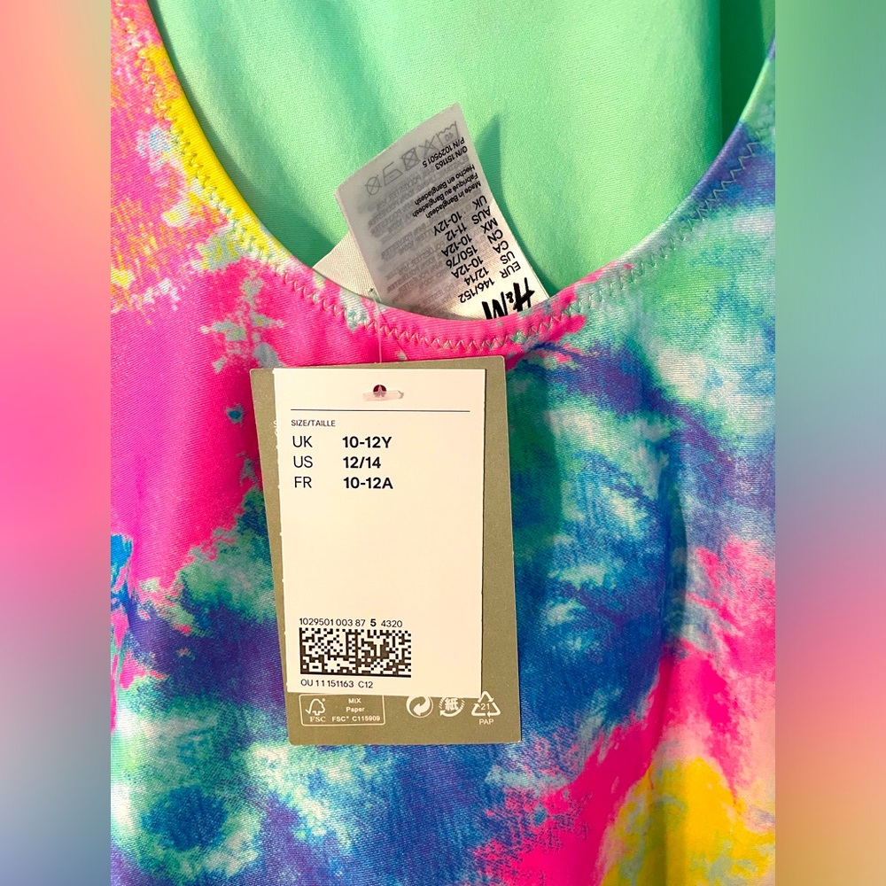 NWT H&M 10-12 Girls Rainbow Tie-Dye One Piece Swimsuit - Picture 4 of 5